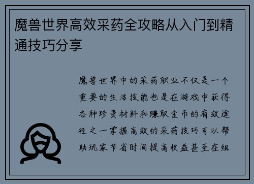 魔兽世界高效采药全攻略从入门到精通技巧分享