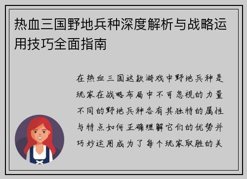 热血三国野地兵种深度解析与战略运用技巧全面指南
